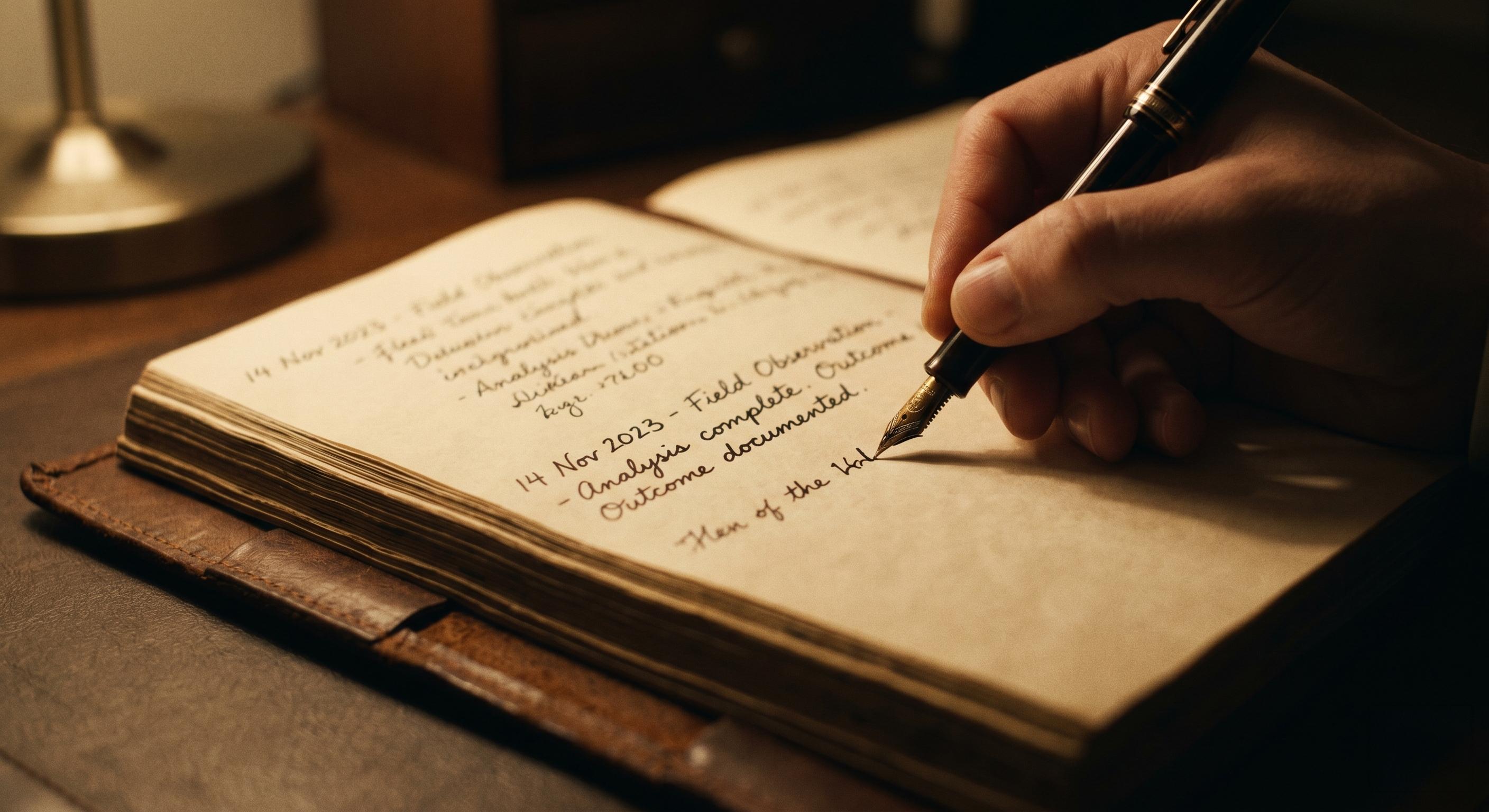 The Record — a single entry being written into a leather ledger